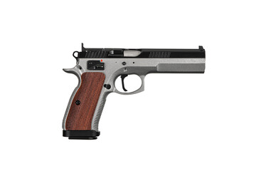 Modern semi-automatic pistol isolate on a white background. Armament for the army and police. Short-barreled weapon