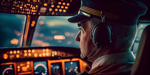 The pilot of a passenger plane driving in the cockpit. Generative AI.2