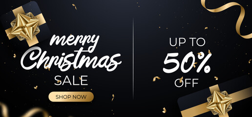 Merry Shristmass sale banner template, poster, greeing card, new year discount, black background, golden ribbon, gift box