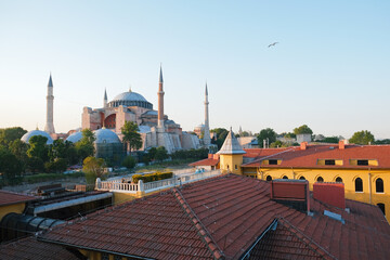 Beautiful view of Hagia Sophia Grand Mosque in Istanbul, Turkey. Rooftop view at the sunset.