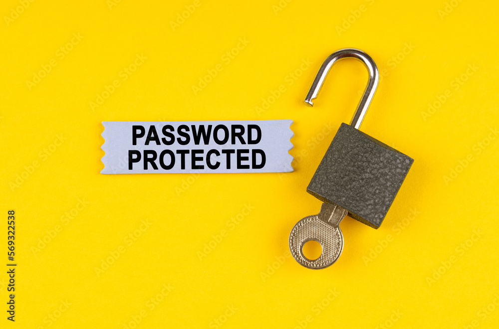 Aufkleber on the yellow surface lies an open lock with a key, next to it is a sticker with the inscription - p