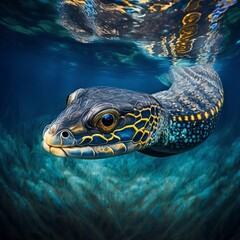 A close-up of a sea snake swimming through the ocean