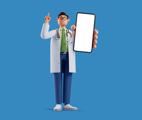3d rendering, full height doctor cartoon character wears white coat and glasses, shows finger up, holds smartphone with blank screen. Online consultation. Medical application concept