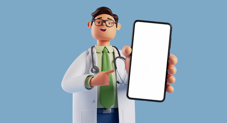 3d render, smart doctor cartoon character talking, wears white coat and glasses, shows smart phone with blank screen to the camera. Online healthcare consultation. Medical application concept