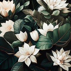 Summer composition of white flowers and fresh green leaves as wallpaper, background or poster. White flowers, dark style, digital art. Generative AI art.