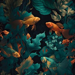 Goldfish among green seaweed in a river, undersea world. Digital art with fish underwater, dark oriental style.