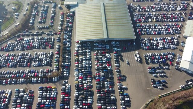 Aerial Footage of Huge Car Parking at Kempston Bedford Town of England UK. The Footage  Was Captured on 06-Feb-2023 with Drone's Camera