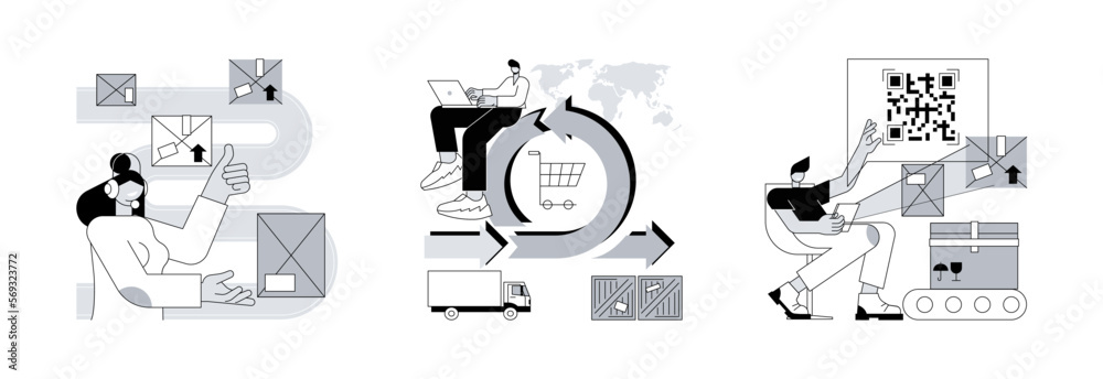 Poster warehouse modern technology abstract concept vector illustration set. warehouse voice tasking, handl