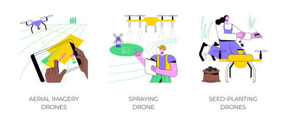 Agricultural drones isolated cartoon vector illustrations set. Aerial imagery drones, spraying and seed-planting automation in smart farming industry, precision agriculture vector cartoon.