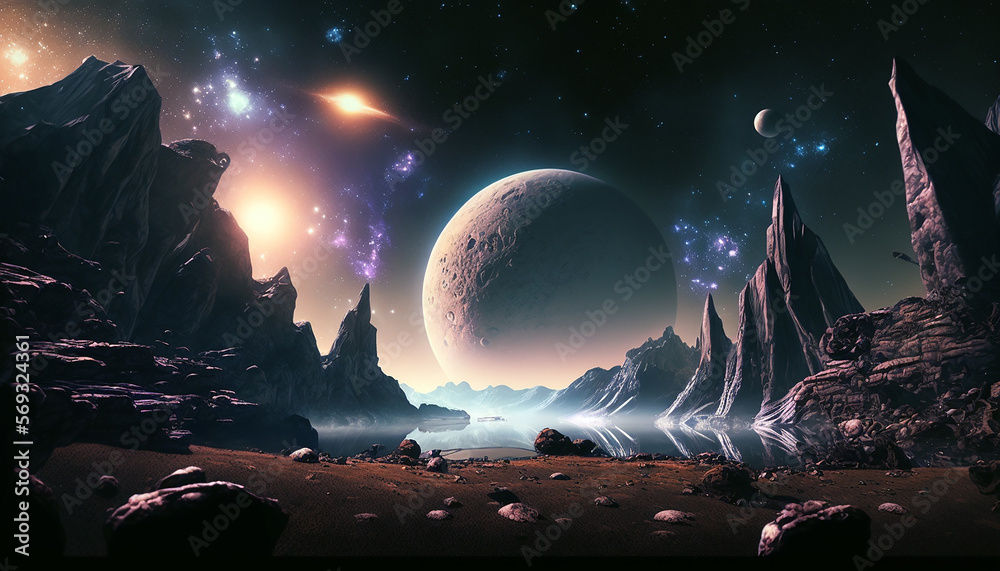 Wall mural colorful planet in space with moons and galactic nebula. space wallpaper acryl background created wi