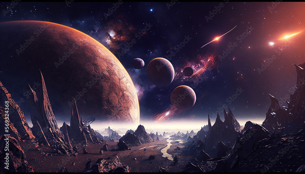 Wall mural colorful planet in space with moons and galactic nebula. space wallpaper acryl background created wi