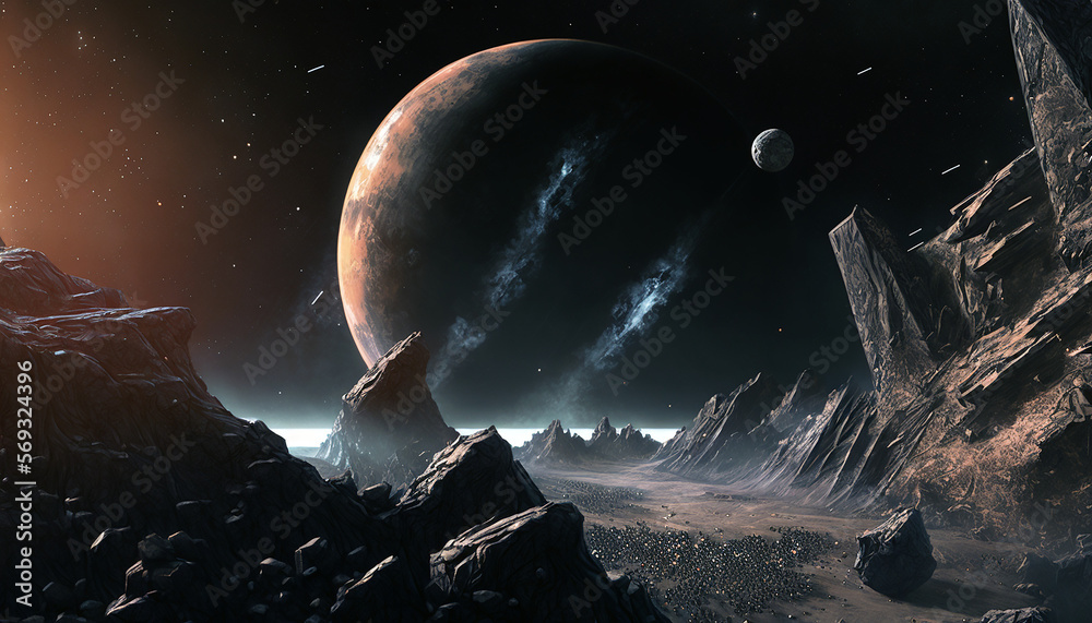 Wall mural colorful planet in space with moons and galactic nebula. space wallpaper acryl background created wi