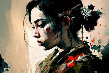Graphic illustration, Beautiful young geisha, contemporary color ink oil painting,  generative AI Art