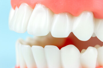 Obraz premium False teeth. Artificial jaw on blue background, close-up. Dentoform, Dental teeth model. Dental Model. Close up tooth model mock tooth on blue background, close-up.
