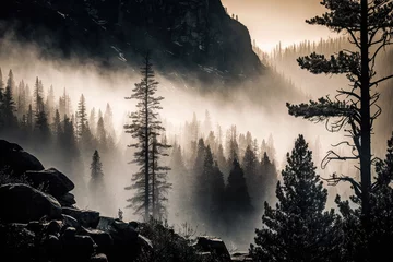 Photo sur Plexiglas Forêt dans le brouillard mountain landscape in the fog created with Generative AI technology