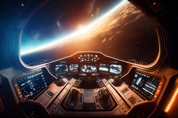 Cabin cockpit view space ship flying in outer space of unknown galaxy.
Digitally generated AI image