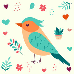 cute bird on flower background in flat style on white background, vector