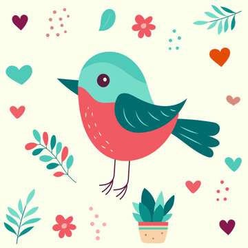 cute bird on flower background in flat style on white background