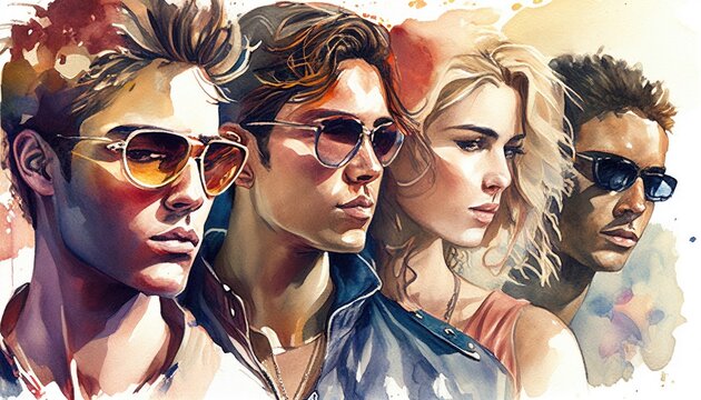 Hot summer fashion sunglasses models, Generative AI watercolor background