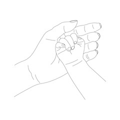 contour of Mother and Child's Hands in Line Art style, the concept of maternal protection and parental care isolated on a white background