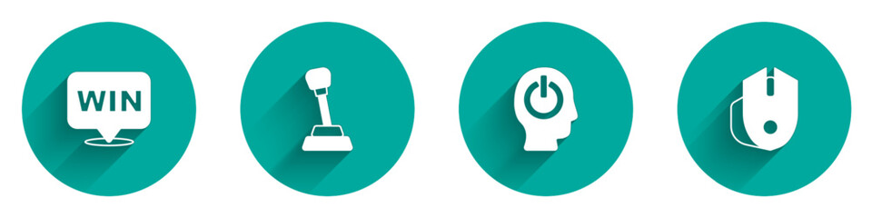 Set Medal, Gear shifter, Power button and Computer mouse icon with long shadow. Vector