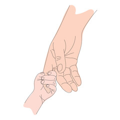 contour to the child holds the father by the finger in line art style, the concept of maternal Protection and Parental Care isolated on a white background, the mother holds the child's hand
