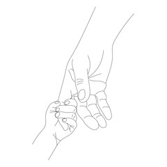 contour to the child holds the father by the finger in line art style, the concept of maternal Protection and Parental Care isolated on a white background, the mother holds the child's hand