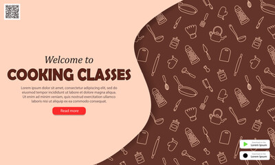 Banner with brown hand drawn kitchen pattern, qr code, buttons and invitation to cooking class. Layout of web page with culinary course advertising for mobile app or website. Food preparation concept
