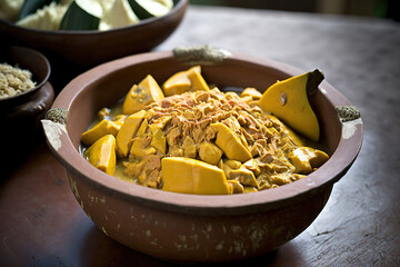 Curry made from jackfruit, also known as raw jackfruit and coconut curry, stir fried meat, or tropical fruit from Kerala, India, or Bali, Indonesia. Asian summer jackfruits, ripe and fresh, in a clay - obrazy, fototapety, plakaty