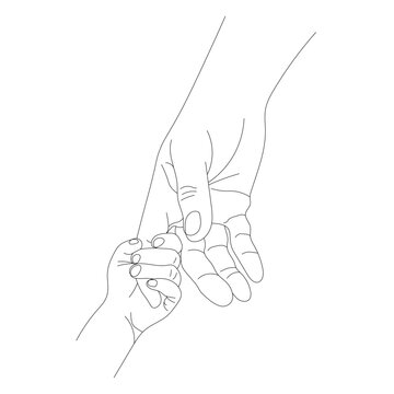 contour to the child holds the father by the finger in line art style, the concept of maternal Protection and Parental Care isolated on a white background, the mother holds the child's hand