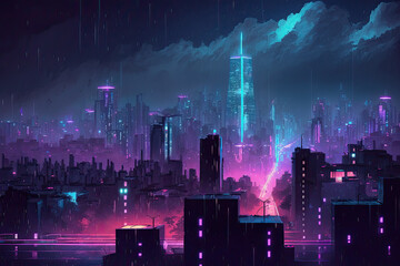 city at night in cyberpunk style created with Generative AI technology