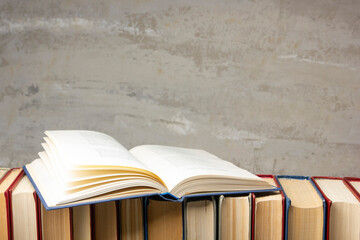 Vintage old hardback books. Education background. Back to school. Copy Space.