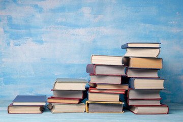 Vintage old hardback books. Education background. Back to school. Copy Space.