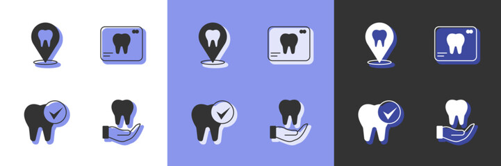 Set Tooth, Dental clinic location, and X-ray of tooth icon. Vector