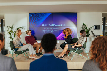 Discussion panel on sustainability in convention. - obrazy, fototapety, plakaty