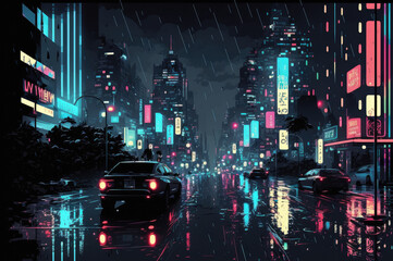 Fototapeta premium city at night in cyberpunk style created with Generative AI technology