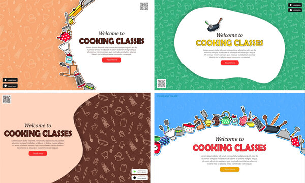 Set of four web banners with invitation to cooking classes. Web pages, posters with culinary courses advertising. Colorful kitchen wallpapers with food preparation info for mobile app or website