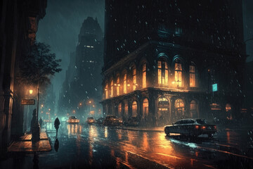 Fototapeta na wymiar city scene in the night by rain created with Generative AI technology