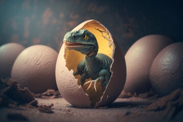 Baby dinosaur hatching from an egg. Digital illustration generative AI