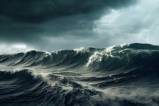 Giant tsunami waves, dark stormy sky. Perfect Storm. Huge waves Tsunami Big waves. Generative AI © Mother