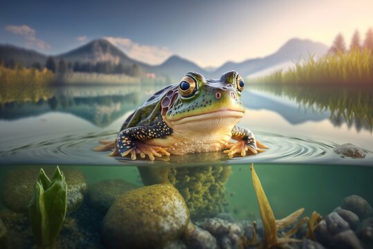 Lake green frog in the pond close-up. Generative AI