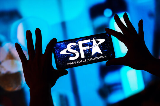 February 7, 2023, Brazil. In this photo illustration, the Space Force Association (SFA) logo is displayed on a smartphone screen.