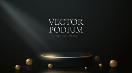 Cylinder pedestal podium. Golden elements and black background. Vector rendering 3d shape for products display presentation. Pastel minimal wall scene, Studio room. Empty room background.