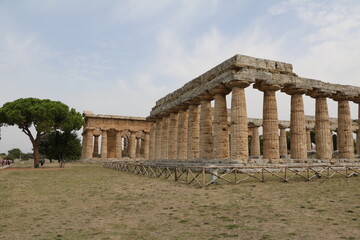 View to Temple of Hera and Temple of Poseidon in Paestum, Campania Italy