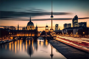 Obraz na płótnie Canvas berlin skyline by night created with Generative AI technology