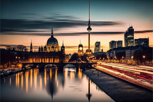 berlin skyline by night created with Generative AI technology
