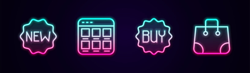 Set line Price tag with New, Online shopping on screen, Buy button and Paper bag. Glowing neon icon. Vector
