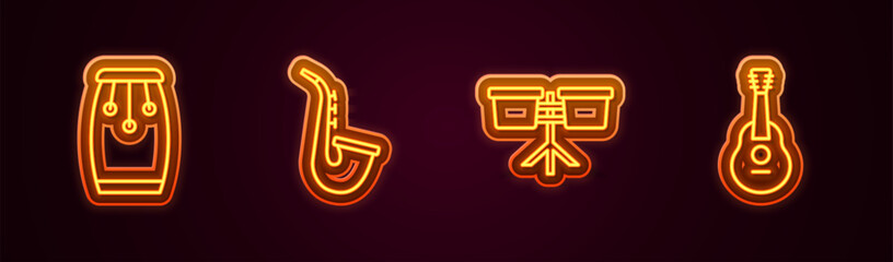 Set line Conga drums, Saxophone, Bongo and Guitar. Glowing neon icon. Vector