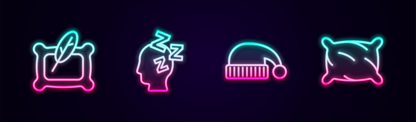 Set line Pillow, Dreams, Sleeping hat and . Glowing neon icon. Vector