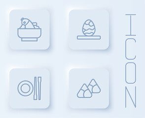 Set line Rice with fish in a bowl, Chinese tea egg, Food chopsticks plate and Zongzi bamboo steamer. White square button. Vector